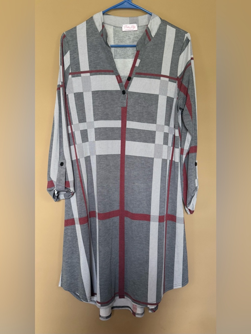 Pink Lily Grey, Light Grey & Maroon Plaid Dress
